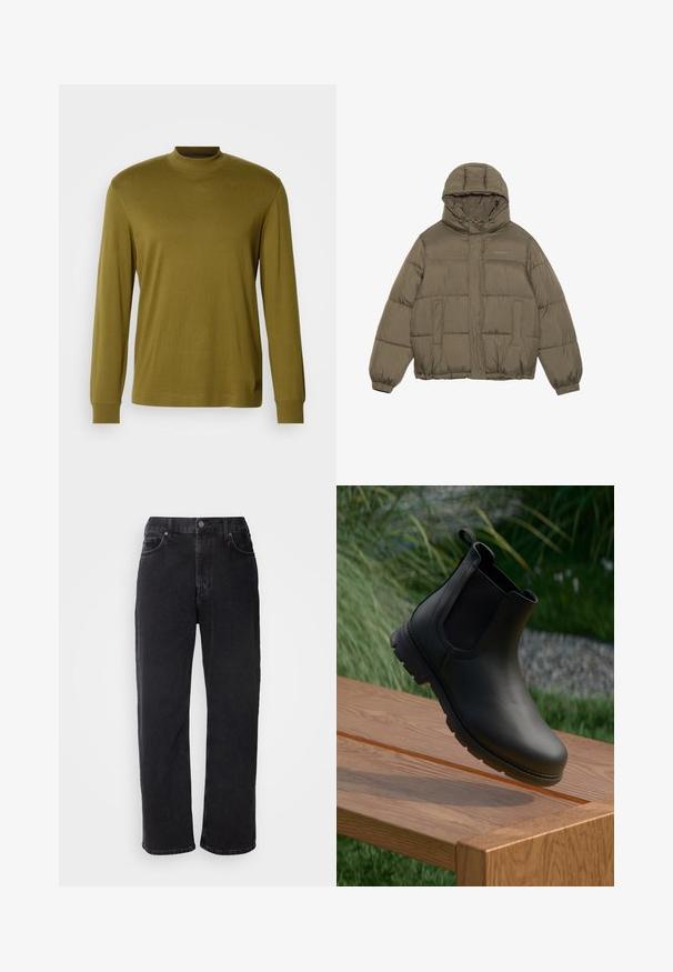 Olive green puffer jacket with a hood, zip closure, two front pockets, and elasticated cuffs. Made from smooth, insulated material.; Olive green long-sleeve turtleneck shirt made of soft fabric, featuring a fitted design and ribbed neck and cuffs.; Black denim jeans with a straight cut, five pockets, and contrasting stitching. Features a button closure and belt loops on the waistband.; Black leather Chelsea boot with elastic sides, rounded toe, and textured sole, hovering above a wooden surface with greenery in the background.