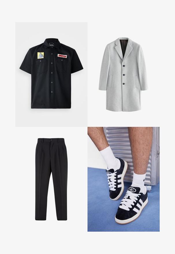 Svetlo sivi volneni plašč z izrezanim ovratnikom, štirimi črnimi gumbi in dvema stranskima žepoma. Gladka tekstura in prilagojen kroj.; Svetlo sivi polo pulover iz mehkega materiala, z gumbastim zapenjanjem, rebrastimi manšetami in vezenim logotipom v zlati barvi blizu prsnega dela.; Črna majica s kratkimi rokavi z dvema vezenima zakrpama na prsih: rumeno obliko gore in rdečim besedilnim zakrpeljem. Sprednji gumbi za zapiranje.; Črne hlače z nabranim sprednjim delom, narejene iz gladkega materiala. Imajo gumbasto zapiranje in zanke za pas; ravne hlačnice.; Črne semiš teniske z belimi vezalkami in tremi belimi črtami. Imajo okroglo črno oznako na jezičku in gumijast podplat.