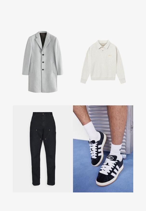 Manteau en laine gris clair avec un col cranté, quatre boutons noirs et deux poches latérales. Texture lisse avec une coupe ajustée.; Pull en polo gris clair en tissu doux, doté d'une patte de boutonnage, de poignets côtelés et d'un logo brodé en doré près de la poitrine.; T-shirt en coton blanc avec un col rond, des manches courtes et une coupe décontractée. Présente un design uni sans motifs ni accents.; Carhartt WIP DOUBLE KNEE PANT - Pantalon classique - black aged canvas; Baskets en suede noir avec des lacets blancs et trois rayures blanches. Présente un logo circulaire noir sur la languette et une semelle en caoutchouc beige.