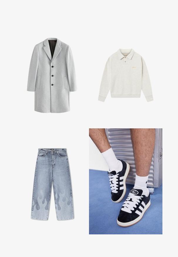 Jasnoszary wełniany płaszcz z wyłogi, czterema czarnymi guzikami i dwiema bocznymi kieszeniami. Gładka faktura z dopasowanym krojem.; Jasnoszara polówka z suwakiem, wykonana z miękkiego materiału, z guzikami, ściągaczami na rękawach oraz haftowanym logo w złotym kolorze na wysokości klatki piersiowej.; Biała bawełniana koszulka z okrągłym dekoltem, krótkimi rękawami i luźnym krojem. Posiada prosty design bez wzorów czy akcentów.; Jasnoniebieskie dżinsy z szerokimi nogawkami; charakteryzują się subtelnym wzorem płomieni w jaśniejszym odcieniu na dolnej części nogawek. Klasyczny pięciokieszonkowy krój.; Czarne zamszowe sneakersy z białymi sznurówkami i trzema białymi paskami. Posiadają okrągłe czarne logo na języku i gumową podeszwę.