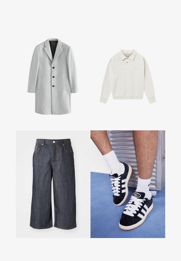 Svetlo sivi volneni plašč z izrezanim ovratnikom, štirimi črnimi gumbi in dvema stranskima žepoma. Gladka tekstura in prilagojen kroj.; Svetlo sivi polo pulover iz mehkega materiala, z gumbastim zapenjanjem, rebrastimi manšetami in vezenim logotipom v zlati barvi blizu prsnega dela.; Bela bombažna majica s krojem na vratu, kratkimi rokavi in ohlapnim fitom. Ima enostaven dizajn brez vzorcev ali dodatkov.; Temno modre kulote s širokimi nogami, ki imajo pet žepov, kovinsko zapiranje z gumbom in kontrastne šive.; Črne semiš teniske z belimi vezalkami in tremi belimi črtami. Imajo okroglo črno oznako na jezičku in gumijast podplat.