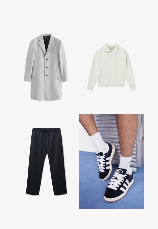 Hellgrauer Wollmantel mit Reverskragen, vier schwarzen Knöpfen und zwei seitlichen Taschen. Glatte Textur mit einer taillierten Passform.; Helles graues Polo-Sweatshirt aus weichem Stoff, mit Knopfleiste, gerippten Bündchen und goldenem gestickten Logo in der Nähe der Brust.; Weißes Baumwoll-T-Shirt mit Rundhalsausschnitt, kurzen Ärmeln und lockerer Passform. Hat ein schlichtes Design ohne Muster oder Akzente.; Marineblaue Sweatpants mit elastischem Bund und Kordelzug. Mit Seiten taschen und einem glatten, leichten Stoff. Gerades Bein Design.; Schwarze Wildledersneaker mit weißen Schnürsenkeln und drei weißen Streifen. Verfügt über ein kreisförmiges schwarzes Logo auf der Zunge und eine Gummisohle.