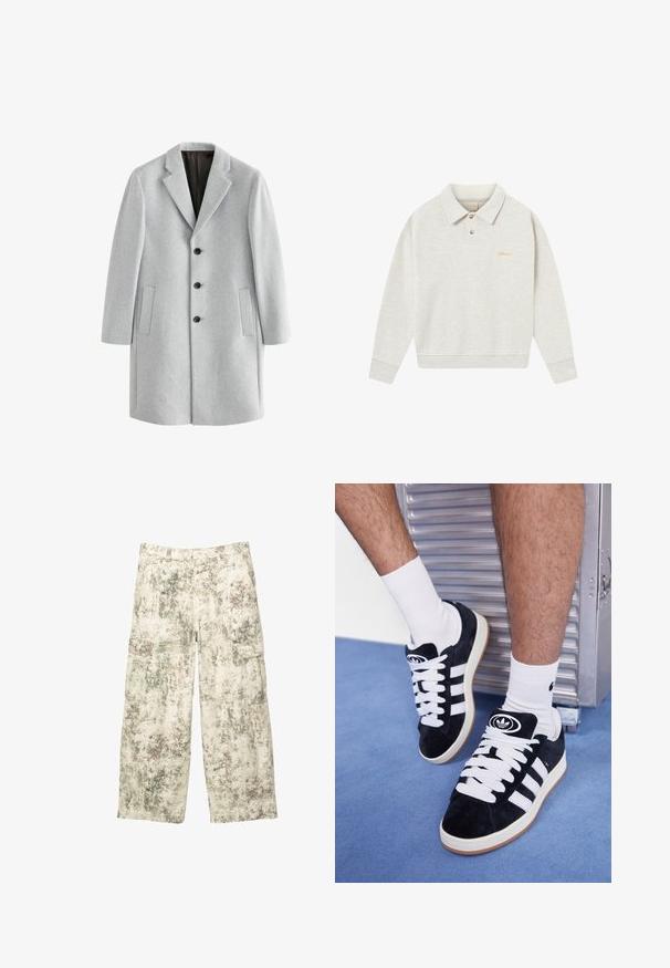 Jasnoszary wełniany płaszcz z wyłogi, czterema czarnymi guzikami i dwiema bocznymi kieszeniami. Gładka faktura z dopasowanym krojem.; Jasnoszara polówka z suwakiem, wykonana z miękkiego materiału, z guzikami, ściągaczami na rękawach oraz haftowanym logo w złotym kolorze na wysokości klatki piersiowej.; Biała bawełniana koszulka z okrągłym dekoltem, krótkimi rękawami i luźnym krojem. Posiada prosty design bez wzorów czy akcentów.; Luźne spodnie cargo w kolorze beżowym, zielonym i brązowym w plamisty kamuflaż oraz z klapami na udach.; Czarne zamszowe sneakersy z białymi sznurówkami i trzema białymi paskami. Posiadają okrągłe czarne logo na języku i gumową podeszwę.
