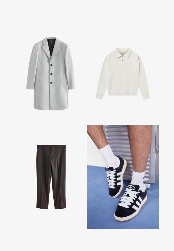 Svijetlosivi vuneni kaput s režanj ovratnikom, četiri crna gumba i dva bočna džepa. Glatka tekstura s krojenim fitom.; Svijetlo siva polo dukserica napravljena od mekanog materijala, s dugmadi, rebrastim manžetama i izvezenim logotipom u zlatnoj boji blizu prsnog dijela.; Bijela pamučna majica s okruglim izrezom, kratkim rukavima i opuštenim krojem. Ima jednostavan dizajn bez uzoraka ili akcenta.; Tamno smeđe hlače s ravnim prednjim dijelom, dvije bočne džepove, prilagođeni kroj i glatku teksturu tkanine. Standardni pojas s petljama za remen.; Crne nubuk tenisice s bijelim vezicama i tri bijele pruge. Imaju kružni crni logo na jeziku i gumeni potplat.