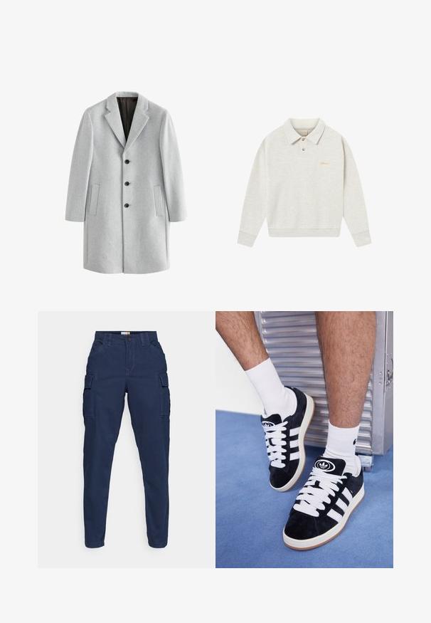 Svijetlosivi vuneni kaput s režanj ovratnikom, četiri crna gumba i dva bočna džepa. Glatka tekstura s krojenim fitom.; Svijetlo siva polo dukserica napravljena od mekanog materijala, s dugmadi, rebrastim manžetama i izvezenim logotipom u zlatnoj boji blizu prsnog dijela.; Bijela pamučna majica s okruglim izrezom, kratkim rukavima i opuštenim krojem. Ima jednostavan dizajn bez uzoraka ili akcenta.; Morske plave cargo hlače s bočnim džepovima, suženog kroja, ravnog prednjeg dijela i zatvaranjem na gumb. Izrađene su od čvrstog materijala s jasnim završnim obradama.; Crne nubuk tenisice s bijelim vezicama i tri bijele pruge. Imaju kružni crni logo na jeziku i gumeni potplat.