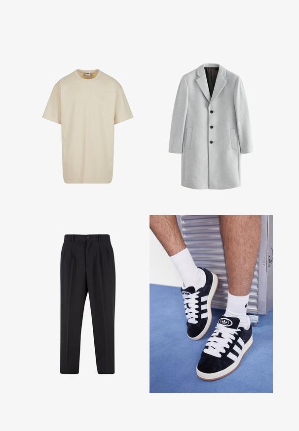 Svetlo šedý vlnený kabát s klopovým golierom, štyrmi čiernymi gombíkmi a dvoma bočnými vreckami. Hladká textúra s prispôsobeným strihom.; Svetlosivý polo mikin s jemnou látkou, ktorý má gombíkovú légou, rebrované manžety a vyšívané logo v zlatej farbe blízko hrudníka.; Béžové bavlnené tričko s okrúhlym výstrihom, krátkymi rukávmi a uvoľneným strihom. Má jednoduchý dizajn bez vzorov alebo akcentov.; Čierne nohavice s plisovaným predným dizajnom, vyrobené z hladkej látky. Majú zapínanie na gombík a pútka na opasok; rovný strih.; Čierne semišové tenisky s bielymi šnúrkami a tromi bielymi pruhmi. Obsahujú kruhové čierne logo na jazyku a gumovú podrážku.