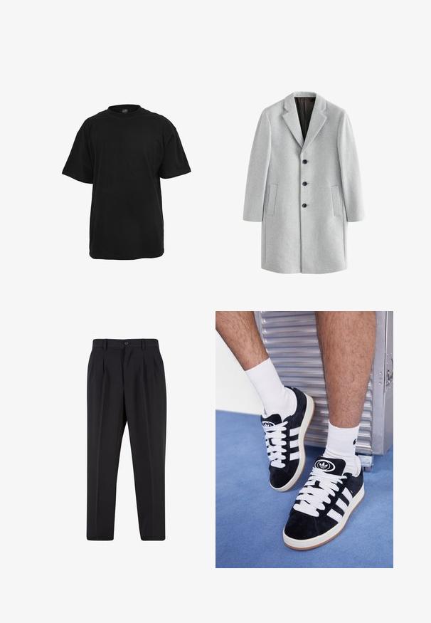 Palton din lână gri deschis cu guler cu tăietură, patru butoane negre și două buzunare laterale. Textură fină, cu o croială ajustată.; Suedou de culoare gri deschis, confectionat dintr-un material moale, avand un guler cu nasturi, mansete ribbate si branding brodat in aur aproape de piept.; Tricou din bumbac negru, cu o croială lejeră, mâneci scurte, guler rotund și o textură netedă și uniformă. Fără logo-uri sau modele vizibile.; Pantaloni negri cu un design față plisată, fabricați dintr-un material neted. Prezintă un închidere cu nasture și brâuri; croială dreptă.; Adidași negri din suede cu șireturi albe și trei dungi albe. Au un logo circular negru pe limbă și o talpă din cauciuc de tip gumă.