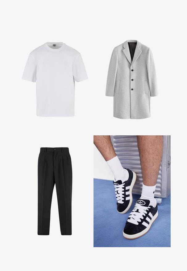 Gai pelēks vilnas mētelis ar iegrieztu apkakli, četriem melniem pogām un divām sānu kabatām. Gluda tekstūra ar pielāgotu piegriezumu.; Gaiši pelēks polo džemperis, kas izgatavots no mīkstas auduma, ar pogu aizdari, ribotām piedurknēm un izšūtu zīmolu zeltā tuvu krūtīm.; Balts īsām piedurknēm krekliņš, izgatavots no kokvilnas. Piedāvā apaļu kakla izgriezumu un brīvu piegriezumu. Gluda tekstūra, minimālisma dizains, bez rakstiem vai akcentiem.; Melni brīvie bikses ar krokotu priekšpusi, izgatavotas no gludas auduma. Iespējama poga aizdare un jostas cilpas; taisnu kāju forma.; Melni zamšaini sporta apavi ar baltiem šņorēm un trim baltām svītrām. Iekļauj arī apaļu melnu logotipu uz mēles un gumijas zoli.