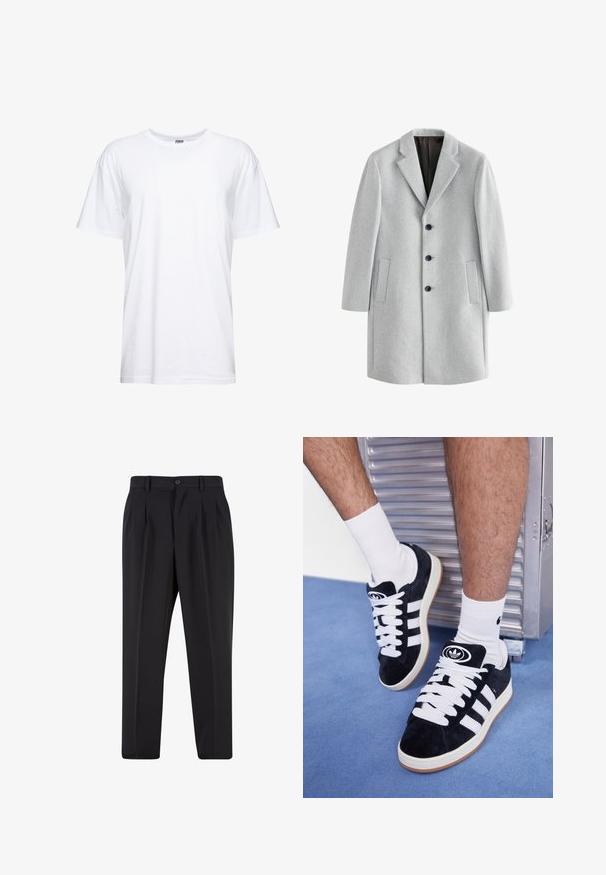 Helehall villane mantel, millel on sisselõikega krae, neli musta nuppu ja kaks küljetaskut. Sile tekstuur ja vormitud lõige.; Helehall polo-sweater pehmeast kangast, millel on nööbiplatvorm, ribakudumisega varrukad ja kuldne tikand brändiga rinna lähedal.; Valge puuvillane T-särk ümarate krae ja lühikeste varrukatega. Kanga pind on sile, särk on vabalt istuv ja ilma nähtavate graafikute või mustriteta.; Mustad püksid, millel on voltidega eesmine disain, valmistatud siledast kangast. Omab nup closure ja vöökinnitusauke; sirge jalgade lõige.; Mustad nahkjalatsid valgete paelte ja kolme valge triibuga. Omab ümmargust musta logo keele peal ning kummist tallat.