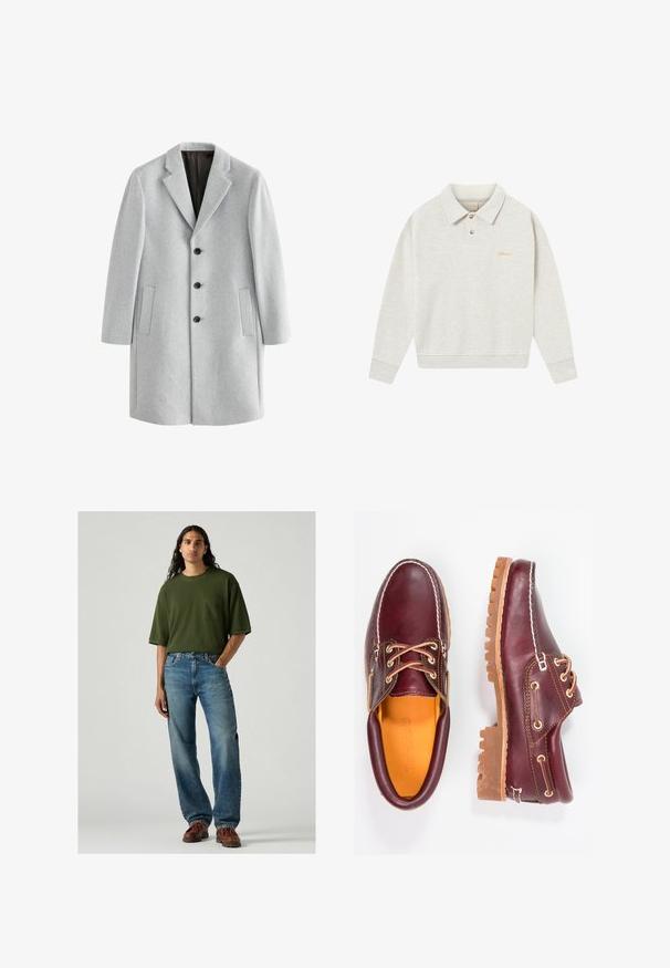 Lysegrå uldfrakke med spidse kraver, fire sorte knapper og to sidelommer. Glat tekstur med en skræddersyet pasform.; Lys grå polo sweatshirt lavet af blødt stof, med en knaplukning, ribbede manchetter og broderet branding i guld nær brystet.; Grøn kortærmet t-shirt med brystlomme, parret med lyseblå denimjeans. Modellen står i brune sko på en grå baggrund.; Bordeaux lædersko med brune gummisåler, rund tå, hvid syning og gyldne snøringer. Indersiden har et gult for.
