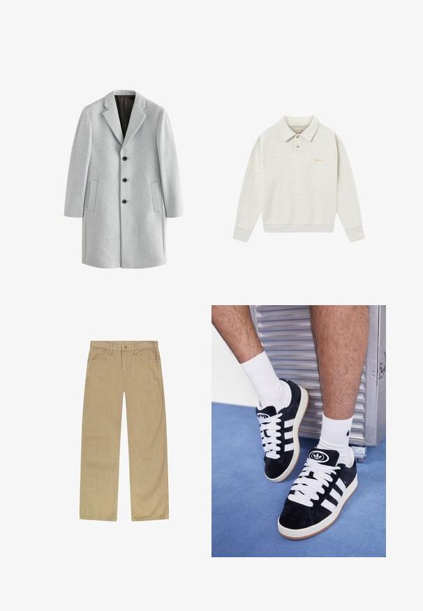 Lichtgrijze wollen jas met een gegroefde kraag, vier zwarte knopen en twee zijzakken. Glad textuur met een getailleerde pasvorm.; Lichtgrijs polo sweatshirt gemaakt van zachte stof, met een knoopsluiting, geribde boorden en geborduurde branding in goud nabij de borst.; Beige katoenen twill broeken met een rechte pijp design, vijf pockets, sluiting met een knop aan de voorkant en koperen klinknagels voor duurzaamheid.; Zwarte suède sneakers met witte veters en drie witte strepen. Heeft een cirkelvormig zwart logo op de tong en een gumrubberen zool.