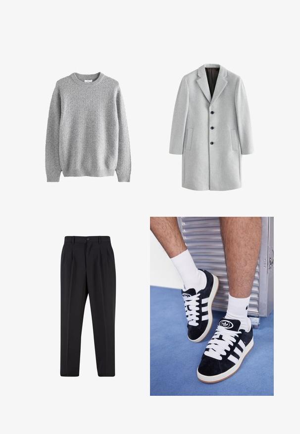Cappotto in lana grigio chiaro con colletto a vista, quattro bottoni neri e due tasche laterali. Tessuto liscio con una vestibilità su misura.; Maglione grigio lavorato a maglia con motivo a rilievo, scollo rotondo e maniche lunghe. Realizzato in materiale morbido con polsini e orlo a coste.; T-shirt bianca in cotone con scollatura a girocollo, maniche corte e vestibilità rilassata. Presenta un design semplice senza motivi o accenti.; Pantaloni neri con design a pieghe sul davanti, realizzati in tessuto morbido. Presentano una chiusura con bottone e passanti per cintura; vestibilità a gamba dritta.; Sneakers in suede nero con lacci bianchi e tre strisce bianche. Presentano un logo circolare nero sulla linguetta e una suola in gomma color gomma.