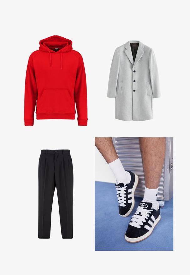 Světle šedý vlněný kabát s klínovým límcem, čtyřmi černými knoflíky a dvěma bočními kapsami. Hladká textura s přiléhavým střihem.; Červená mikina s kapucí vyrobená z měkké látky, s přední kapsou, stahovací šňůrkou a žebrovanými manžetami a lemem. Jednoduchý design bez viditelných log.; Černé kalhoty s plisovaným předním designem, vyrobené z hladké tkaniny. Obsahují zapínání na knoflík a poutka na opasek; rovný střih.; Černé semišové tenisky s bílými tkaničkami a třemi bílými pruhy. Mají kulatou černou logo na jazyku a gumovou podrážku.