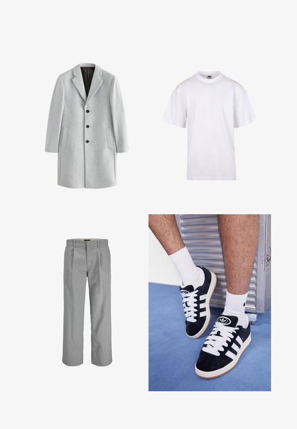Lichtgrijze wollen jas met een gegroefde kraag, vier zwarte knopen en twee zijzakken. Glad textuur met een getailleerde pasvorm.; Witte katoenen t-shirt met een ronde hals, korte mouwen en een relaxte pasvorm. Heeft een eenvoudig ontwerp zonder patronen of accenten.; Lichtgrijze broeken van een gestructureerde stof, met plooien aan de voorkant, rechte pijpen en een standaard tailleband voor sluiting.; Zwarte suède sneakers met witte veters en drie witte strepen. Heeft een cirkelvormig zwart logo op de tong en een gumrubberen zool.