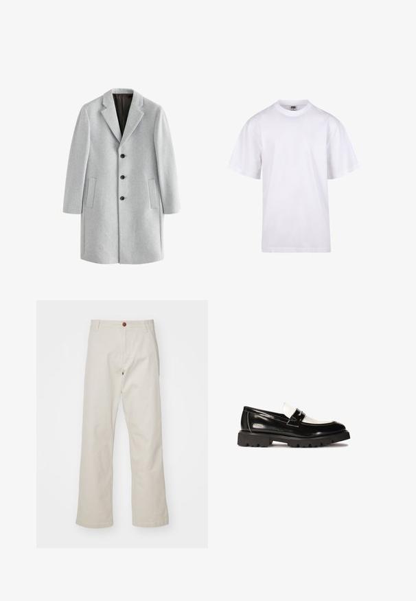 Lichtgrijze wollen jas met een gegroefde kraag, vier zwarte knopen en twee zijzakken. Glad textuur met een getailleerde pasvorm.; Witte katoenen t-shirt met een ronde hals, korte mouwen en een relaxte pasvorm. Heeft een eenvoudig ontwerp zonder patronen of accenten.; Beige katoenen broek met een rechte pijpdesign, voorzien van een knoopsluiting aan de voorkant, riemlussen en standaard zakken. Soepele textuur.; Zwarte lakleren loafers met een witte leren accent, dikke zwarte rubberen zool met profiel en gestikte details. Gladde textuur met een glanzende afwerking.