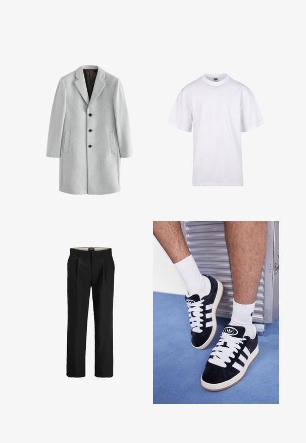 Abrigo de lana gris claro con cuello muesca, cuatro botones negros y dos bolsillos laterales. Textura suave con un corte entallado.; Camiseta blanca de algodón con cuello redondo, mangas cortas y un corte relajado. Presenta un diseño liso sin patrones ni detalles.; Pantalones negros ajustados con una parte delantera plana, dos bolsillos laterales, una textura suave y un corte recto. Cuenta con lazos para cinturón para un estilo adicional.; Zapatillas de ante negras con cordones blancos y tres rayas blancas. Presentan un logotipo circular negro en la lengüeta y una suela de goma color caramel.