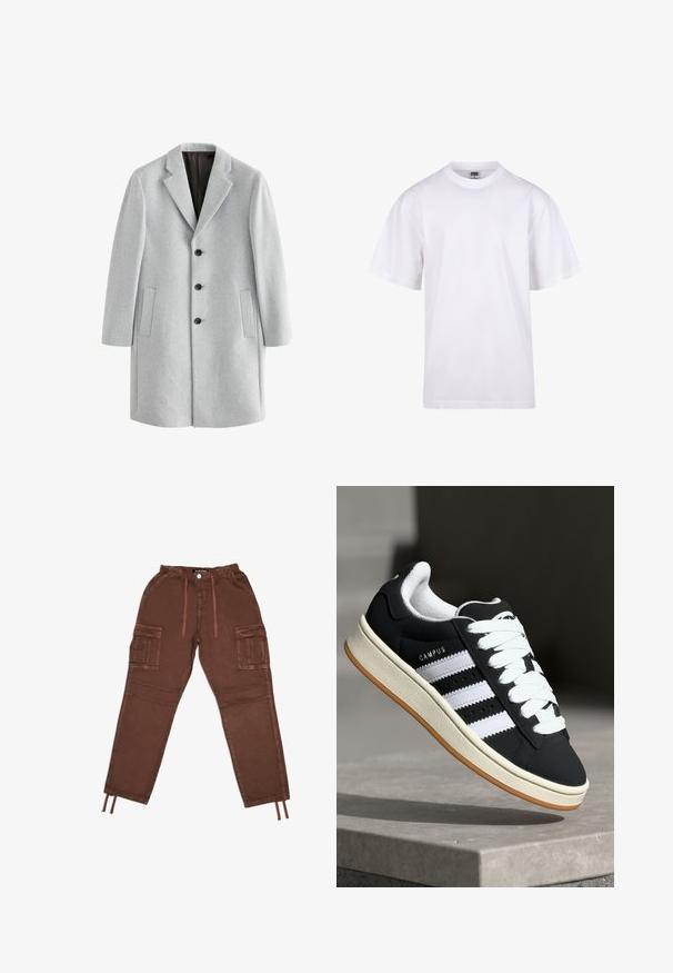 Světle šedý vlněný kabát s klínovým límcem, čtyřmi černými knoflíky a dvěma bočními kapsami. Hladká textura s přiléhavým střihem.; Bílé bavlněné tričko s kulatým výstřihem, krátkými rukávy a volným střihem. Má jednoduchý design bez vzorů nebo akcentů.; Hnědé cargo kalhoty s elastickým pasem, dvěma velkými bočními kapsami, stahovacími manžetami a hladkou texturou. Mají zapínání na knoflík.; adidas Originals CAMPUS 00S - Tenisky - core black/footwear white/off-white