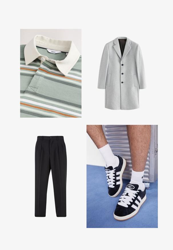 Hellgrauer Wollmantel mit Reverskragen, vier schwarzen Knöpfen und zwei seitlichen Taschen. Glatte Textur mit einer taillierten Passform.; Poloshirt mit einem cremefarbenen Kragen, der grüne und graue Streifen, einen orangefarbenen Akzent und zwei Knöpfe nahe einem V-Ausschnitt auf weichem Stoff aufweist.; Schwarze Hose mit plissiertem Vorderdesign, aus glattem Stoff gefertigt. Mit Knopfverschluss und Gürtelschlaufen; gerade Passform.; Schwarze Wildledersneaker mit weißen Schnürsenkeln und drei weißen Streifen. Verfügt über ein kreisförmiges schwarzes Logo auf der Zunge und eine Gummisohle.