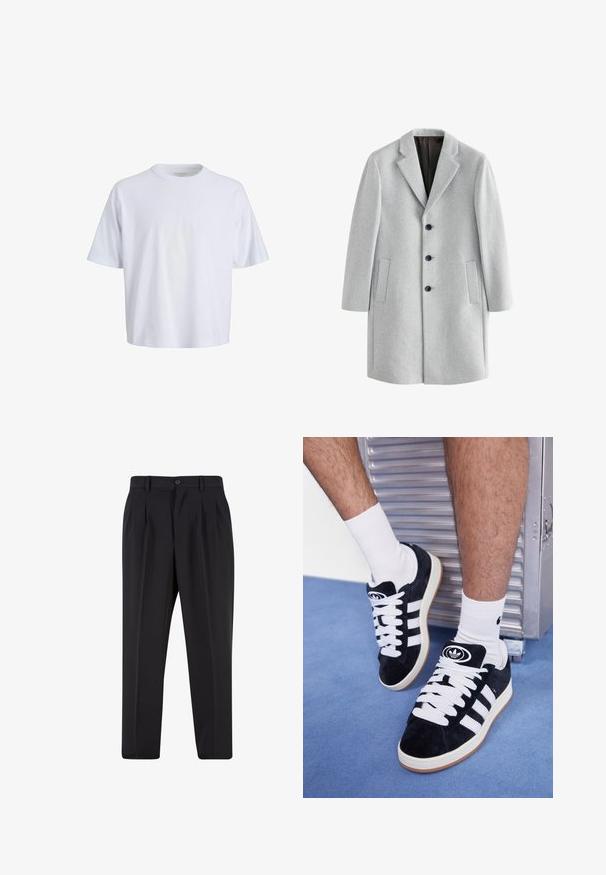 Šviesiai pilkas vilnonis paltas su iškirptu apykakle, keturiomis juodomis sagomis ir dviem šoninėmis kišenėmis. Lygaus audinio su pritaikytu siluetu.; Balta medvilninė marškinėliai su apvaliu kaklu, trumpomis rankovėmis ir laisvu kirpimu. Lygi tekstūra ir minimalus dizainas be matomų raštų ar akcentų.; Juodi kelnių su raukšlėtu priekiu dizainu, pagaminti iš lygaus audinio. Su mygtuko užsegimu ir diržo kilpomis; tiesios kojų formos.; Juodos zomšos sportbačiai su baltais raišteliais ir trimis baltais dryžiais. Ant liežuvėlio yra apvalus juodas logotipas, o pado medžiaga – guminė.