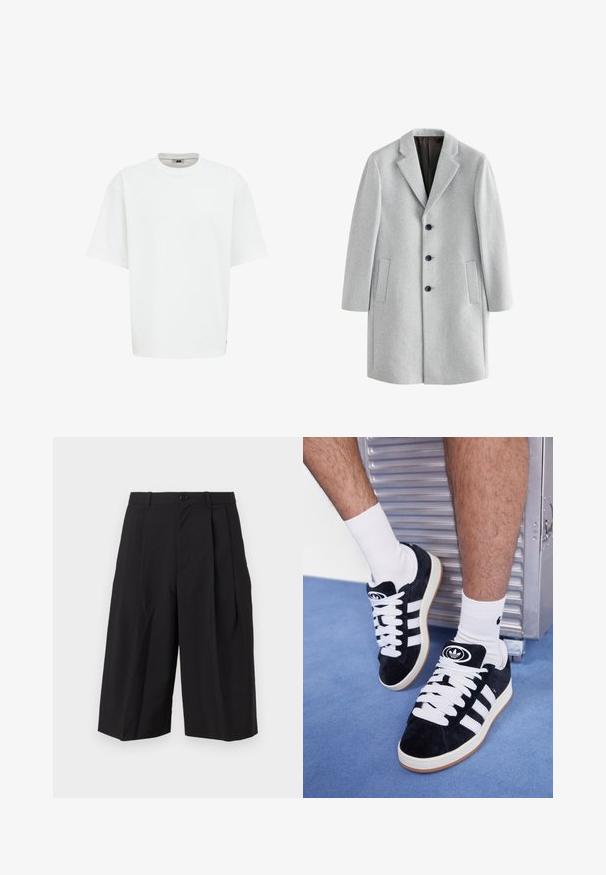 Šviesiai pilkas vilnonis paltas su iškirptu apykakle, keturiomis juodomis sagomis ir dviem šoninėmis kišenėmis. Lygaus audinio su pritaikytu siluetu.; Balta trumpa rankovėmis marškinėliai su apvalia iškirpte, pagaminti iš lygaus audinio, pasižymintys laisvu siluetu ir subtilia logotipo etikete šone.; Juodi plisuoti šortai, pagaminti iš lygios tekstūros audinio, su priekiniais mygtukais ir plačiomis, laisvomis kojomis.; Juodos zomšos sportbačiai su baltais raišteliais ir trimis baltais dryžiais. Ant liežuvėlio yra apvalus juodas logotipas, o pado medžiaga – guminė.