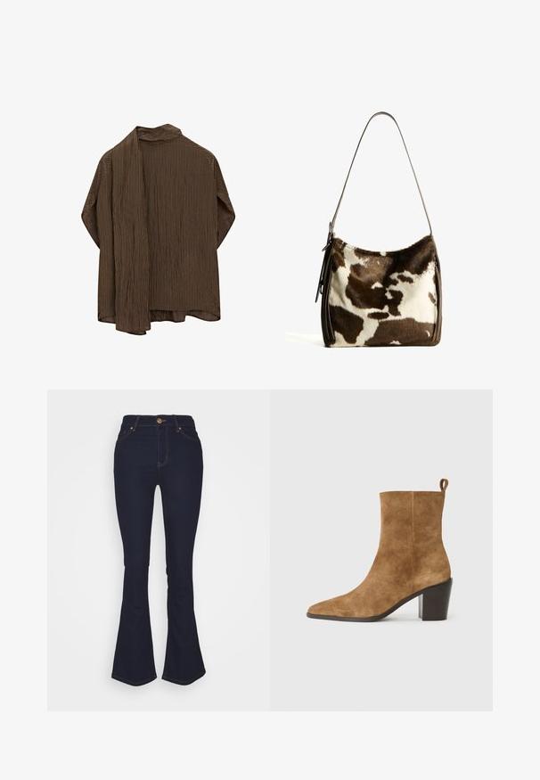 Bruine en zwarte geblokte cropped jacket met een kraag, knoopsluitingen en lange mouwen. Textuurstof met een klassiek patroon.; Bruin gestreept shirt met een open voorkant, voorzien van een kraag en lange mouwen. De stof is lichtgewicht met een zachte textuur. Het ontwerp is losvallend.; Marks & Spencer Eva - Bootcut jeans - blue denim; Bruine suède enkelboot met een spitse neus en een stevige zwarte hak, gepresenteerd tegen een neutrale achtergrond.; Bruine en crèmekleurige koeienhuid schoudertas met een gladde leren band, ritssluiting en een zachte, tekstuursurface met een natuurlijk patroon.
