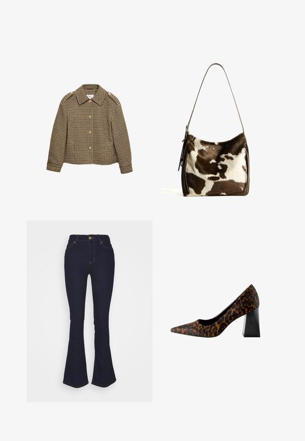 Brun og sort ternet cropped jakke med krave, knaplukninger og lange ærmer. Tekstureret stof med et klassisk mønster.; Langærmet polo med brune, beige og hvide vandrette striber, knaplukning og lille "BG" logo på brystet.; Marks & Spencer Eva - Jeans Bootcut - blue denim; Spidse kvinder pump med overdel i brun og sort leopardprint og tyk, sort blokhæl mod en hvid baggrund.; Brun og creme farvet koe læder skuldertaske med en glat læderrem, lynlås lukning og en blød, tekstureret overflade med et naturligt mønster.