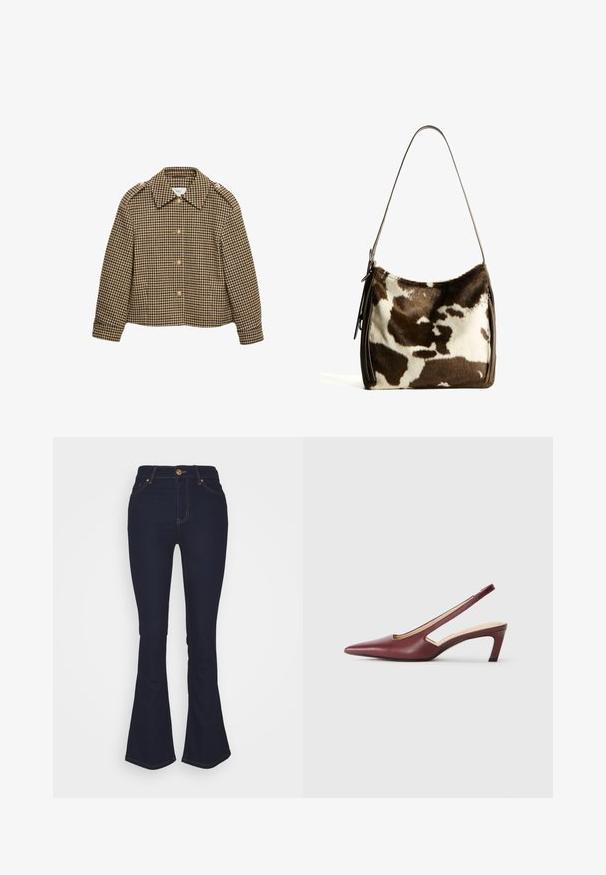 Giacca cropped a quadri marrone e nera con colletto, chiusure a bottoni e maniche lunghe. Tessuto strutturato con un motivo classico.; Polo a maniche lunghe con righe orizzontali marroni, beige e bianche, colletto a bottoni e piccolo logo "BG" sul petto.; Marks & Spencer Eva - Jeans bootcut - blue denim; Tacchi slingback bordeaux con punta affusolata, dettagli a intaglio sui lati e tacco blocco di altezza intermedia. Finitura in pelle liscia.; Borsa a spalla in pelle bovina marrone e crema con tracolla in pelle liscia, chiusura con zip e superficie morbida e testurizzata con un motivo naturale.