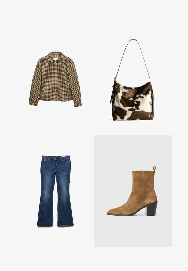 Bruine en zwarte geblokte cropped jacket met een kraag, knoopsluitingen en lange mouwen. Textuurstof met een klassiek patroon.; Polo-shirt met lange mouwen met bruine, beige en witte horizontale strepen, knoopsluiting en klein "BG" logo op de borst.; Uitlopende blauwe denim jeans met een gemiddelde wassing, voorzien van vijf zakken, een sluiting met een knoop aan de voorkant en gestikte details langs de naden.; Bruine suède enkelboot met een spitse neus en een stevige zwarte hak, gepresenteerd tegen een neutrale achtergrond.; Bruine en crèmekleurige koeienhuid schoudertas met een gladde leren band, ritssluiting en een zachte, tekstuursurface met een natuurlijk patroon.