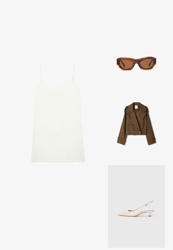 Giacca corta marrone in morbido tessuto con design doppiopetto, ampi risvolti e dettagli con bottoni sulle maniche.; Top bianco senza maniche con spalline sottili, realizzato in un tessuto morbido. Taglio dritto con scollatura quadrata, caratterizzato da una trama liscia e uniforme.; Scarpa slingback a punta color crema con tacco kitten basso e fibbia dorata su sfondo bianco puro.; Occhiali da sole con montatura tartarugata, lenti marroni sfumate e una forma elegante cat-eye. Realizzati in plastica leggera con finitura lucida.; Borsa a spalla in suede marrone con chiusura a zip, corpo rettangolare piatto e tracolla regolabile. Presenta dettagli di cucitura sottili.