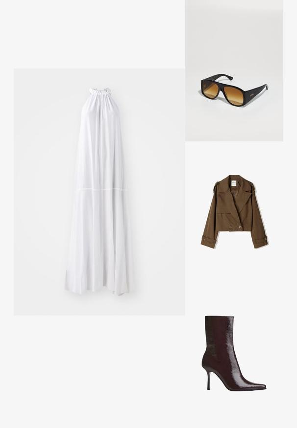 Jachetă scurtă de culoare maro, dintr-un material moale, cu un design cu două rânduri de nasturi, rever mari și accente cu nasturi pe mâneci.; Rochie lungă, cu gât halter, de culoare albă, având un decolteu pliat și o siluetă lejeră, fabricată dintr-un material ușor cu un design fără cusături.; Botine burgundy cu finisaj lucios, vârf ascuțit și toc înalt subțire. Design elegant care evidențiază textura netedă și silhouette-ul aerodinamic.; Ochelari de soare dreptunghiulari negri cu lentile de culoare brună în degradé. Fabricati din plastic, având o suprafață netedă și un logo auriu subtil pe bratul lateral.