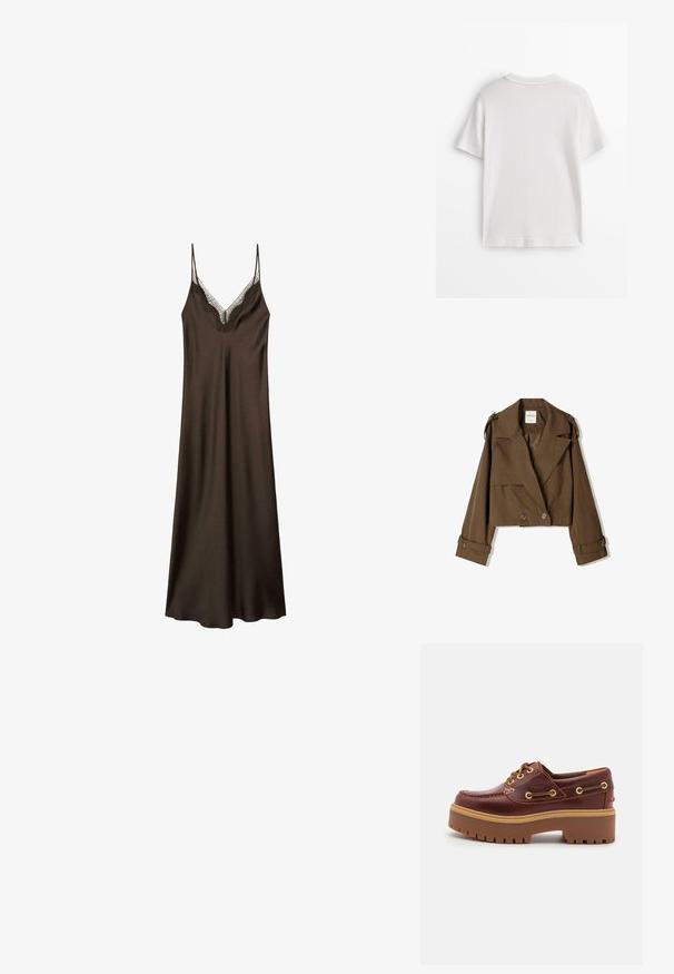 Giacca corta marrone in morbido tessuto con design doppiopetto, ampi risvolti e dettagli con bottoni sulle maniche.; Abito slip in raso marrone con dettagli in pizzo sul collo, spalline sottili e regolabili, e una vestibilità morbida, caratterizzato da una texture liscia e morbida.; Maglietta bianca in cotone con maniche corte, collo rotondo e tessuto liscio. Il retro è semplice, senza motivi o disegni aggiuntivi.; Scarpa da barca in pelle marrone con suola in gomma marrone robusta, occhielli dorati e cuciture a contrasto. Presenta un logo sul lato.