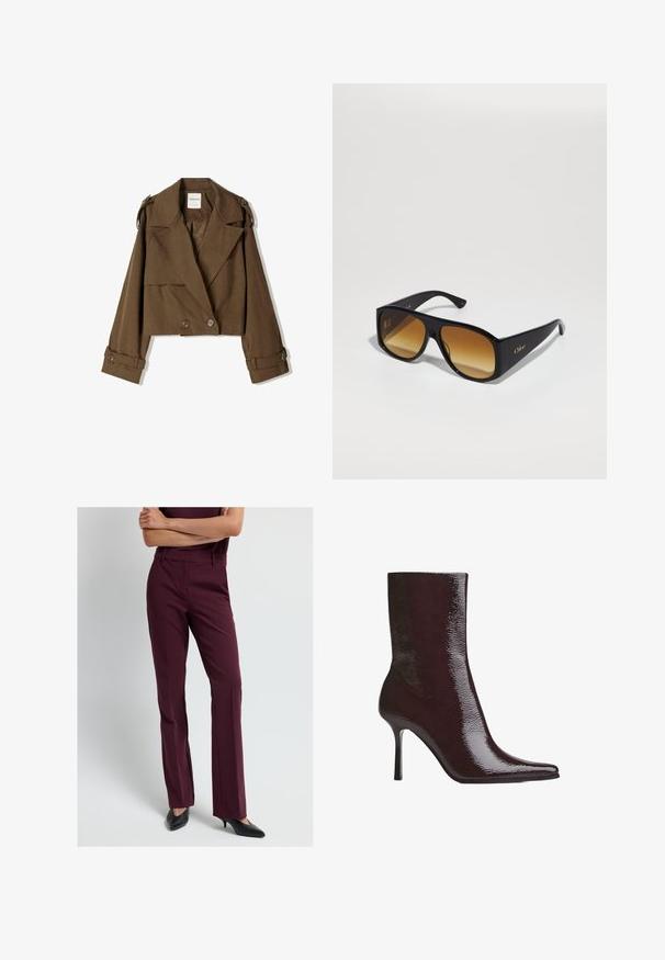 Korte bruine jas van zachte stof met een dubbelzijdig ontwerp, grote revers en knoopaccenten op de mouwen.; Marineblauw overhemd met knopen, voorzien van witte verticale strepen, lange mouwen, een puntige kraag en een licht gebogen zoom, gemaakt van een gladde stof.; Bordeaux geklede broeken met een rechte pijpdesign, gemaakt van soepel materiaal. Voorzien van riemlussen en een ritsluiting. Gepoort met zwarte hakken.; Bordeaux enkelboot met glanzende afwerking, puntige neus en dunne hoge hak. Het strakke ontwerp benadrukt de gladde textuur en gestroomlijnde silhouet.; Zwarte rechthoekige zonnebril met bruine verlooplenzen. Gemaakt van plastic, met een glad oppervlak en een subtiele gouden logo op de poot.