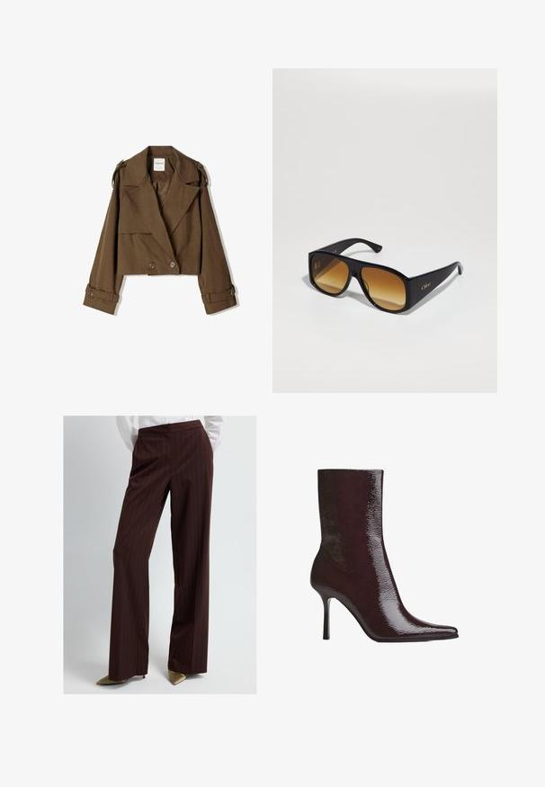 Gekürzte braune Jacke aus weichem Material mit einem doppelt knöpfbaren Design, großen Revers und Knopfakzenten an den Ärmeln.; Dunkelblaues Hemd mit weißen vertikalen Streifen, langen Ärmeln, spitzem Kragen und leicht abgerundetem Saum, aus einem glatten Stoff gefertigt.; Braune Nadelstreifen-Hosen mit weit geschnittenem Design, aus glattem Stoff gefertigt. Verfügt über eine hohe Taille und einen minimalistischen Schnitt.; Burgunderfarbene Knöchelstiefel mit glänzender Oberfläche, spitzem Zeh und dünnem, hohen Absatz. Das schlanke Design hebt die glatte Textur und die stromlinienförmige Silhouette hervor.; Schwarze rechteckige Sonnenbrille mit braunen Verlaufslinsen. Hergestellt aus Plastik, mit einer glatten Oberfläche und einem dezenten goldenen Logo am Bügel.
