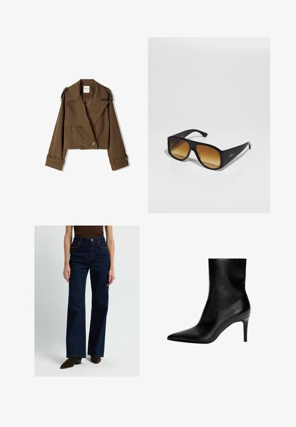 Lyhyempi ruskea takki pehmeästä kankaasta, jossa on kaksirivinen malli, suuret läpät ja napitus yksityiskohtina hihoissa.; Tummansininen nappikauluspaita, jossa on vaaleita pystysuoria raitoja, pitkät hihat, terävä kauluksella ja hieman kaareva helma, valmistettu sileästä kankaasta.; Korkeavyötäröiset, leveälahkeiset tummansiniset farkut, joissa on kontrastiväriset ruskeat tikkauslangat, etutaskut ja ruskeat korkokengät.; Mustat nahkaiset nilkkurit, joissa on terävä kärki ja hoikka, keskipitkä korkeakorko, sileä pinta ja ei näkyviä kiinnityksiä.; Mustat suorakulmaiset aurinkolasit ruskeilla liukuvärjätyillä linsseillä. Valmistettu muovista, jossa on sileä pinta ja hillitty kultainen logo sankassa.