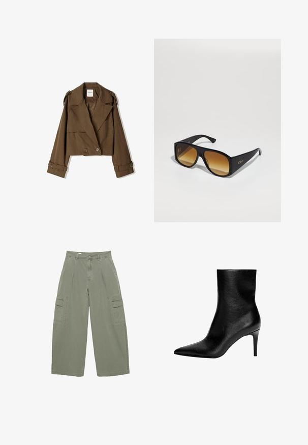 Lyhyempi ruskea takki pehmeästä kankaasta, jossa on kaksirivinen malli, suuret läpät ja napitus yksityiskohtina hihoissa.; Tummansininen nappikauluspaita, jossa on vaaleita pystysuoria raitoja, pitkät hihat, terävä kauluksella ja hieman kaareva helma, valmistettu sileästä kankaasta.; Olivgrön cargobyxor med vida ben, utrustade med två sidofickor och knappstängning. Tillverkade av ett hållbart bomullstyg.; Mustat nahkaiset nilkkurit, joissa on terävä kärki ja hoikka, keskipitkä korkeakorko, sileä pinta ja ei näkyviä kiinnityksiä.; Mustat suorakulmaiset aurinkolasit ruskeilla liukuvärjätyillä linsseillä. Valmistettu muovista, jossa on sileä pinta ja hillitty kultainen logo sankassa.; Ruskea mokkanahkainen kassi, jossa on jämäkkä muotoilu, sileät nahkaiset yksityiskohdat, pitkät kahvat ja hillitty kontrastivärinen ommel.