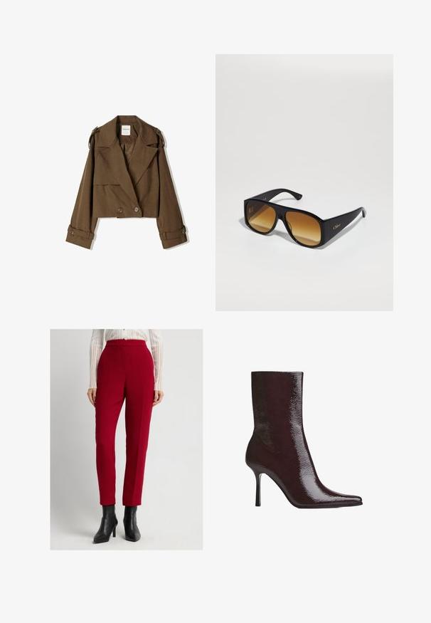 Cropped brown jacket in soft fabric with a double-breasted design, large lapels, and button accents on the sleeves.; Navy blue button-up shirt with white vertical stripes, long sleeves, a pointed collar, and a slightly curved hem, made from a smooth fabric.; Red tailored trousers with a smooth texture, straight fit, and front pleats. Paired with black high-heeled ankle boots.; Burgundy ankle boot with glossy finish, pointed toe, and thin high heel. Sleek design showcases smooth texture and streamlined silhouette.; Black rectangular sunglasses with brown gradient lenses. Made of plastic, featuring a smooth surface and a subtle gold logo on the temple.