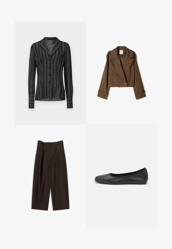 Lyhyempi ruskea takki pehmeästä kankaasta, jossa on kaksirivinen malli, suuret läpät ja napitus yksityiskohtina hihoissa.; Mustapilkullinen paita, jossa on kaulus, pitkät hihat, viisi nappia ja rintatasku; valmistettu kevyestä, teksturoidusta kankaasta.; Tummanruskeat leveälahkeiset housut, joissa on korkea vyötärö, yhden napin sulkea ja pleatattu etuosa. Valmistettu kevyestä kankaasta.; Musta nahkainen ballerina, jossa on pyöristetty kärki, sileä pinta, minimaalinen ommelkoristelu ja joustava pohjamuotoilu.