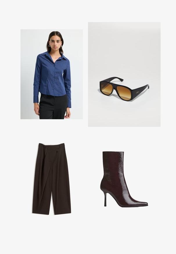 Korte bruine jas van zachte stof met een dubbelzijdig ontwerp, grote revers en knoopaccenten op de mouwen.; Marineblauw overhemd met knopen, voorzien van witte verticale strepen, lange mouwen, een puntige kraag en een licht gebogen zoom, gemaakt van een gladde stof.; Donkere bruin wijde broek met een hoge taille, voorzien van een enkele knoopsluiting en een geplooide voorkant. Gemaakt van lichtgewicht stof.; Bordeaux enkelboot met glanzende afwerking, puntige neus en dunne hoge hak. Het strakke ontwerp benadrukt de gladde textuur en gestroomlijnde silhouet.; Zwarte rechthoekige zonnebril met bruine verlooplenzen. Gemaakt van plastic, met een glad oppervlak en een subtiele gouden logo op de poot.