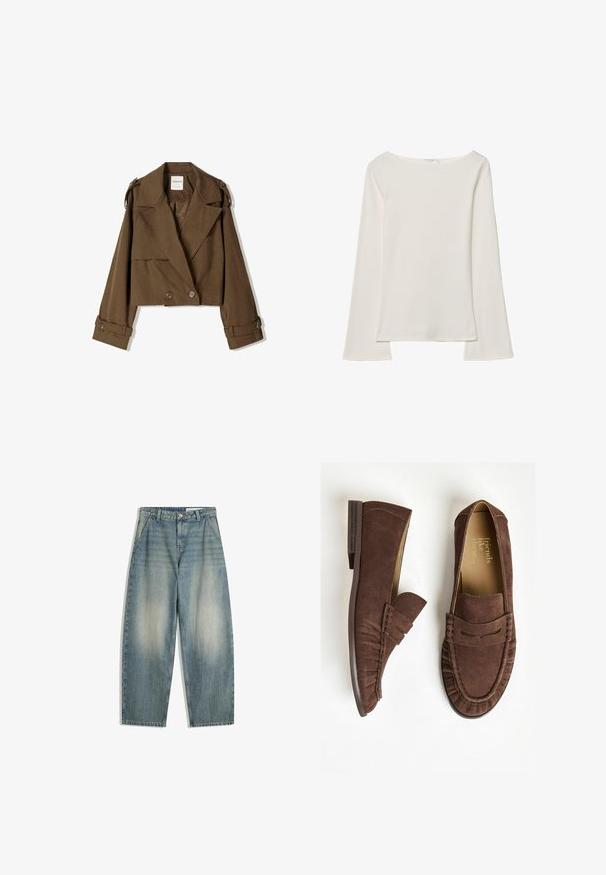 Gekürzte braune Jacke aus weichem Material mit einem doppelt knöpfbaren Design, großen Revers und Knopfakzenten an den Ärmeln.; Weißes Langarmtop mit einem Boot-Ausschnitt. Hergestellt aus weichem Material, zeichnet sich durch ausgestellte Ärmel und einen geraden Saum aus und bietet ein einfaches und vielseitiges Design.; Blaue weit geschnittene, verblasste Jeans mit Vorderentaschen, Gürtelschlaufen, Reißverschluss und Knopfverschluss, flach auf einem weißen Hintergrund ausgelegt.; Braune Wildleder-Loafer mit flachem Absatz, die ein gefältetes Design und gestickte Akzente aufweisen. Das Innenfutter hat eine hellfarbige Ausführung.