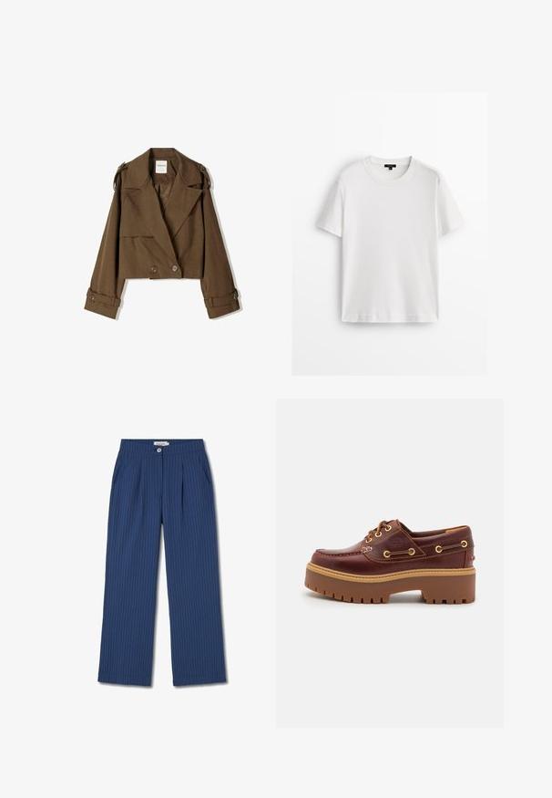 Korte bruine jas van zachte stof met een dubbelzijdig ontwerp, grote revers en knoopaccenten op de mouwen.; Witte katoen t-shirt met korte mouwen, ronde hals en een ontspannen pasvorm. Glad materiaal en eenvoudig ontwerp, zonder patronen of accenten.; Thinking Mu MANOLITA - Broek - blue; Bruine leren botenschoenen met een stevige bruine rubberen zool, gouden ogen en contraststiksels. Heeft een logo aan de zijkant.