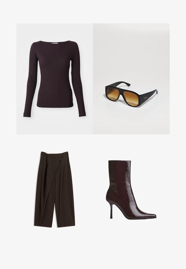 Jachetă scurtă de culoare maro, dintr-un material moale, cu un design cu două rânduri de nasturi, rever mari și accente cu nasturi pe mâneci.; Top cu mânecă lungă, cu textură ribbed, de culoare purpurie închisă, având un decolteu rotund și o siluetă ajustată. Textura moale cu un detaliu subtil al logo-ului pe piept.; Pantaloni largi de culoare maron închis, cu talie înaltă, având închiere cu un singur nasture și un față pliată. Confectionați dintr-un material ușor.; Botine burgundy cu finisaj lucios, vârf ascuțit și toc înalt subțire. Design elegant care evidențiază textura netedă și silhouette-ul aerodinamic.; Ochelari de soare dreptunghiulari negri cu lentile de culoare brună în degradé. Fabricati din plastic, având o suprafață netedă și un logo auriu subtil pe bratul lateral.