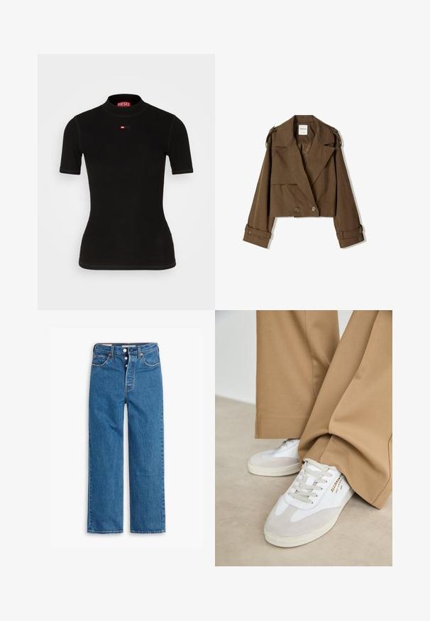 Korte bruine jas van zachte stof met een dubbelzijdig ontwerp, grote revers en knoopaccenten op de mouwen.; Zwart kortärmelige top van ribstof, met een hoge halslijn en een klein rood Diesel-logo op de borst. Soepele textuur en getailleerde pasvorm.; Blauwe denim jeans met rechte pijpen en hoge taille, vijf zakken en een knoopsluiting. Merkbare stiksels en koperen klinknagels.; Witte sneakers met suède accenten, gestructureerde veters en een rubberen zool. Gecombineerd met losse beige broek. Logo zichtbaar aan de zijkant.