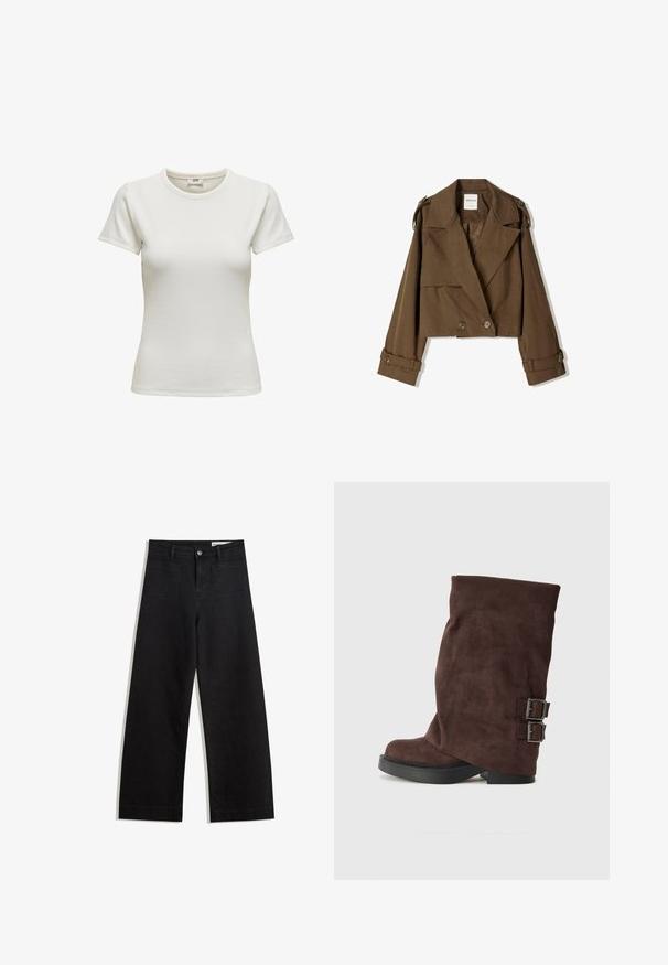 Giacca corta marrone in morbido tessuto con design doppiopetto, ampi risvolti e dettagli con bottoni sulle maniche.; T-shirt bianco a maniche corte con scollo rotondo, realizzato in tessuto a coste. Texture liscia e forma aderente. Etichetta visibile all'interno del colletto.; Pantaloni in denim neri a gamba larga con vita alta, dotati di tasche anteriori e posteriori, cuciture a punto, e chiusura con bottone. Texture liscia.; Stivale alla caviglia in camoscio marrone con un design morbido, caratterizzato da due fibbie argentate sul lato e una suola piatta in gomma nera.