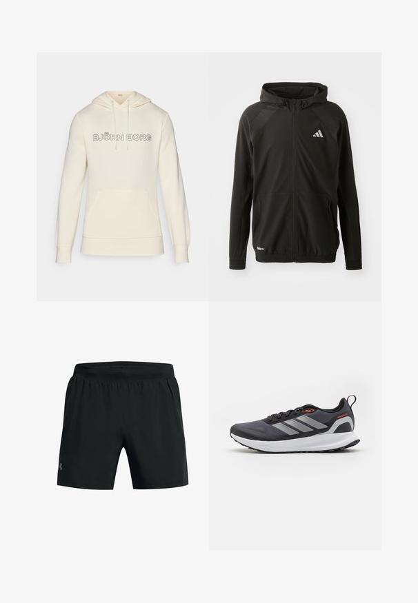 Schwarze Sportjacke mit einem Frontreißverschluss, Kapuze, strukturierten Schulterpaneelen, elastischen Bündchen und einem reflektierenden Logo. Hergestellt aus leichtem Material.; Cremefarbener Hoodie mit einer Kordelzugkapuze, mit einer vorderen Kängurutasche und dem schwarzen "BJÖRN BORG" Logo über der Brust. Weicher Stoff.; Schwarze Sportshorts aus leichtem Gewebe, mit einem elastischen Bund und einem kleinen Logo auf der linken Seite.; Laufschuhe in Schwarz mit grauen Akzenten. Verfügt über ein strukturiertes Obermaterial, eine robuste Sohle und reflektierende Streifen. Leichtes Design mit einer gepolsterten Zwischensohle.