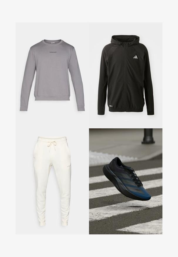 Fekete sportos dzseki elülső cipzárral, kapucnival, textúrált vállpanelek és rugalmas mandzsetták jellemzik, valamint fényvisszaverő logóval rendelkezik. Könnyű anyagból készült.; Szürke, hosszú ujjú pulóver, kerek nyakkivágással, bordás mandzsettákkal és szegéllyel. Az mellrészen sötét szürke színben kis "BJÖRN BORG" logó található. Puha anyag.; Fehér melegítőnadrág puha anyagból, rugalmas derékkal, zsinórral, oldalsó zsebekkel és bordás mandzsettákkal.; Fekete és kék sportcipő áramvonalas kialakítással, texturált felsőrésszel, kontrasztos csíkokkal és párnázott talppal, járda fölött lebegve.