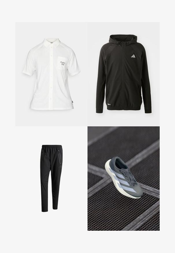 Svart atletisk jakke med glidelås foran, hette, teksturerte skulderpaneler, elastiske ermer og et reflekterende logo. Laget av lett materiale.; Hvit kortermet polo skjorte med knapplukking, teksturert stoff og venstre brystlomme med svart brodert tekst.; Svarte treningsbukser med elastisk liv, to glidelåslommer på sidene, avsmalnende ben og en subtil logo detalj ved hoften.; Sportsko leketøy i grått og hvitt, laget av syntetisk materiale, med et strømlinjeformet design, teksturert overflate og fremtredende snøresystem.