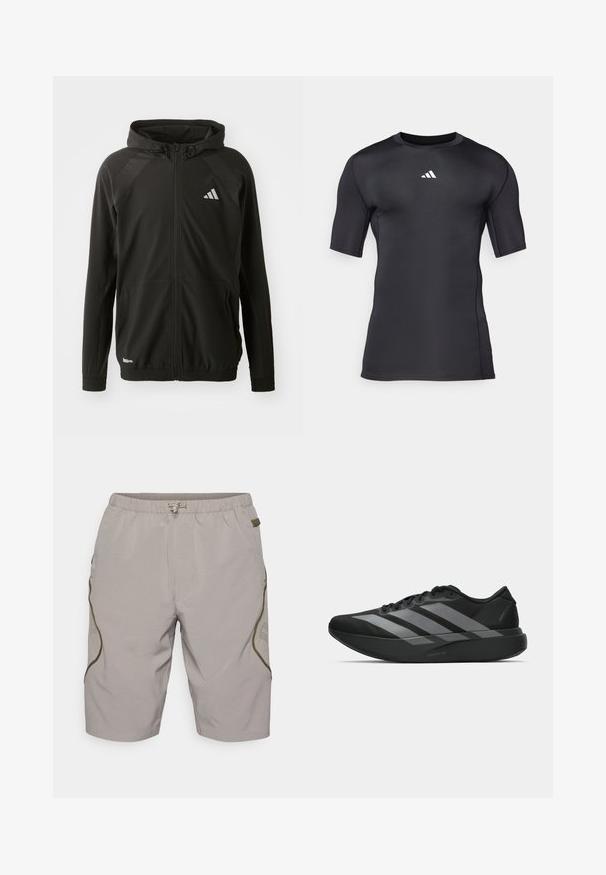 Schwarze Sportjacke mit einem Frontreißverschluss, Kapuze, strukturierten Schulterpaneelen, elastischen Bündchen und einem reflektierenden Logo. Hergestellt aus leichtem Material.; Schwarzes, athletisches T-Shirt mit kurzen Ärmeln aus glattem, dehnbarem Stoff. Verfügt über ein weißes Logo auf der Brust und Flachnähte für zusätzlichen Komfort.; Beige Shorts mit einem strukturierten Muster, elastischem Bund, Kordelzug und seitlichen Akzenten. Verfügt über Netzeinsätze für Atmungsaktivität.; Schwarze Sportschuhe mit einem leichten Design, ausgestattet mit drei auffälligen grauen Streifen, einer glatten Textur und einer konturierten Sohle.