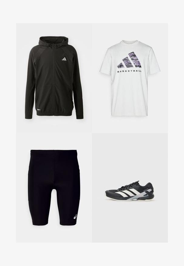 Schwarze Sportjacke mit einem Frontreißverschluss, Kapuze, strukturierten Schulterpaneelen, elastischen Bündchen und einem reflektierenden Logo. Hergestellt aus leichtem Material.; Weißes Baumwoll-T-Shirt mit kurzen Ärmeln, das einen lila und schwarzen Grafikdruck mit drei Streifen und dem Wort "BASKETBALL" zeigt.; Schwarze Sportshorts aus elastischem Material, mit eng anliegendem Schnitt, knielangem Design und einem kleinen weißen Logo an der unteren Seite.; Schwarzer Sportschuh mit weißen Streifen, Obermaterial aus Mesh, runde Zehenform und gepolstertem Sohlenteil. Verfügt über eine strukturierte Ferse und ein sicheres Schnürsystem.