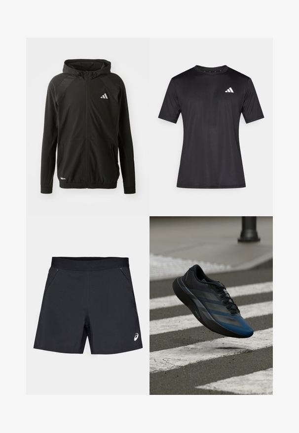 Crna atletska jakna s prednjim patentnim zatvaračem, kapuljačom, teksturiranim ramenima, elastičnim manžetama i reflektirajućim logotipom. Izrađena od laganog materijala.; Crna sportska majica od laganog mrežastog materijala, s kratkim rukavima i bijelim logotipom na lijevoj strani prsa.; Crne sportske kratke hlače od lagane tkanine, s glatkom teksturom, elastičnim pojasom i dva bočna dzepa. Logotip na donjem desnom dijelu.; Crna i plava sportska cipela sa zakrivljenim dizajnom, teksturiranom gornjom stranom, kontrastnim prugama i jastučićem u potplatu, lebdi iznad pločnika.