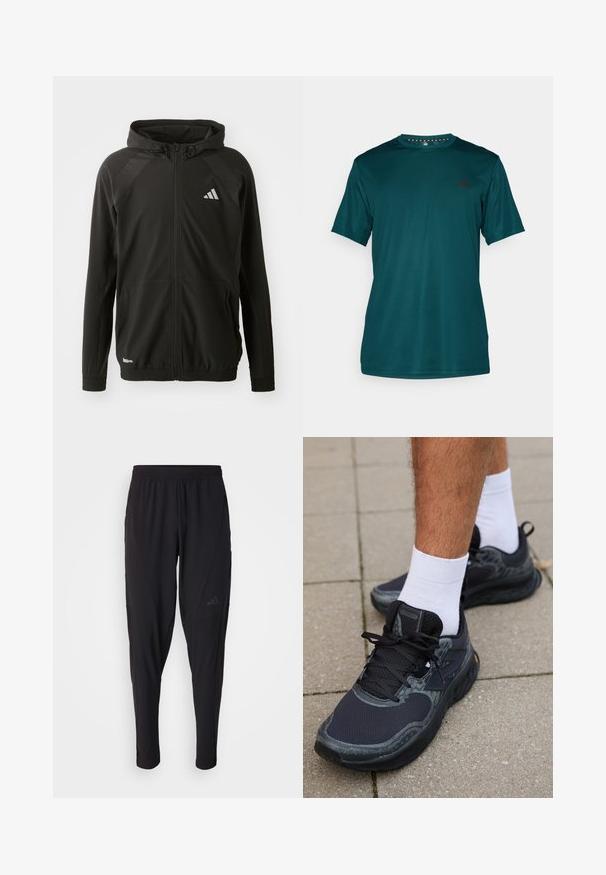 Sort atletisk jakke med en frontlynlås, hætte, teksturerede skulderpaneler, elastiske manchetter og et reflekterende logo. Fremstillet af letvægtsmateriale.; adidas Performance TRAIN ESSENTIALS - Sports T-shirts - aurora ivy/black; Sorte træningsbukser med elastisk talje, tætsiddende design, sidelommer og diskret logo-detail. Fremstillet af fleksibelt, åndbart stof.; New Balance FRESH FOAM X HIERRO V8 - Løbesko trail - black